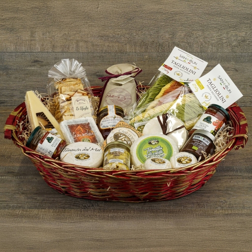 Cesto grande con formaggi e specialità Cesto grande con formaggi e specialità
